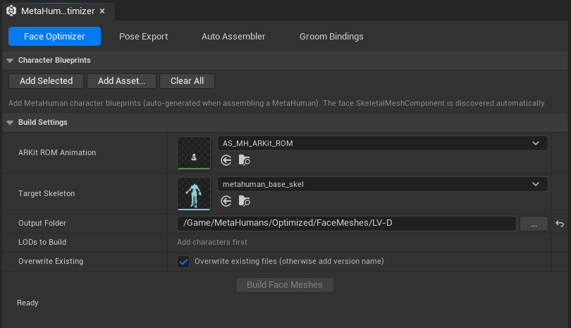 Face Optimizer tab in the MetaHuman Optimizer window