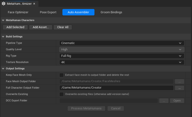 Auto Assembler tab with the character list, settings panel, and Process button